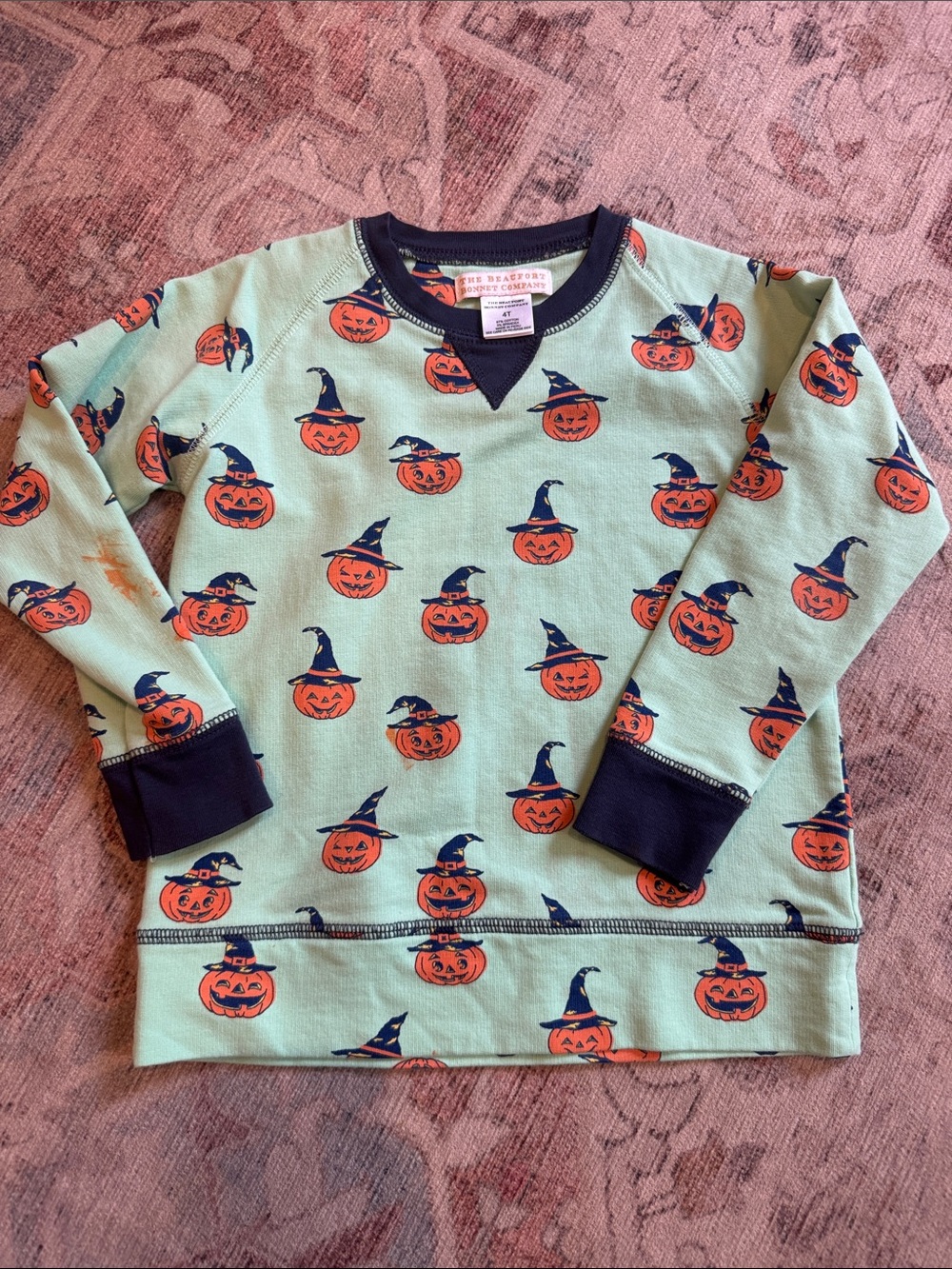 Beaufort Bonnet Mint Green Sweatshirt with Orange Pumpkin Print